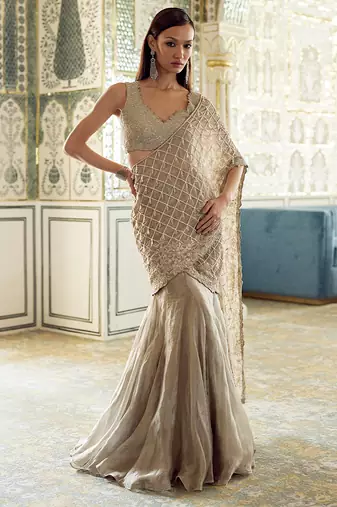 Gold embroidered tissue pre drape saree set