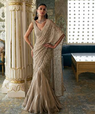 Champagne gold embroidered tissue pre drape saree set 1