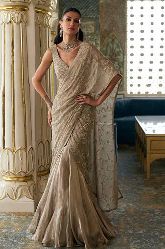 Champagne gold embroidered tissue pre drape saree set