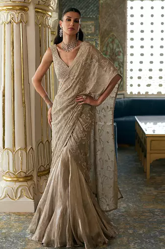 Champagne gold embroidered tissue pre drape saree set