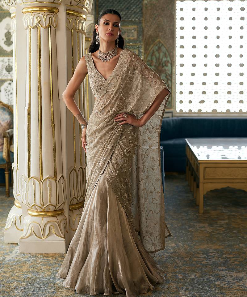 Champagne gold embroidered tissue pre drape saree set