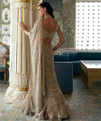 Champagne gold embroidered tissue pre drape saree set 2