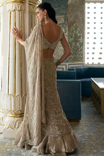 Champagne gold embroidered tissue pre drape saree set