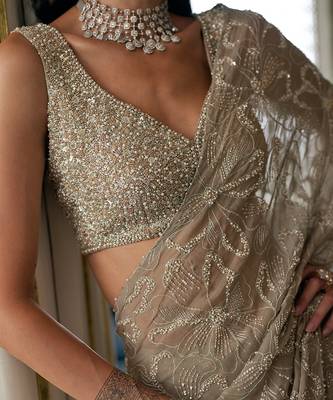 Champagne gold embroidered tissue pre drape saree set 3
