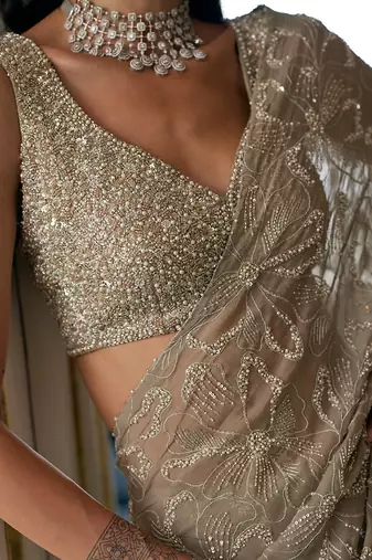 Champagne gold embroidered tissue pre drape saree set