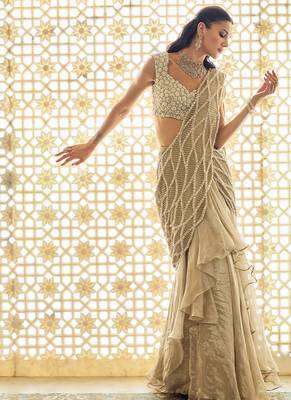 Light gold ruffle embroidered tissue pre drape saree set 1