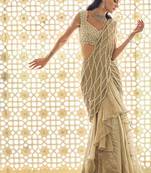 Light gold ruffle embroidered tissue pre drape saree set