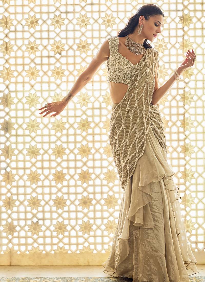 Light gold ruffle embroidered tissue pre drape saree set