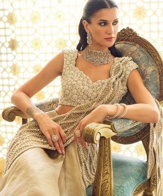 Light gold ruffle embroidered tissue pre drape saree set 2