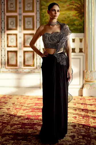 Black embellished chiffon pre drape saree set