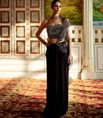 Black embellished chiffon pre drape saree set