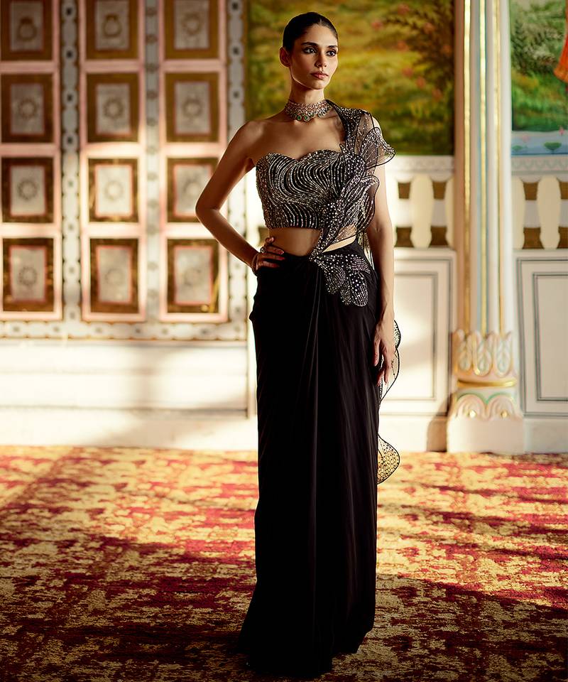 Black embellished chiffon pre drape saree set