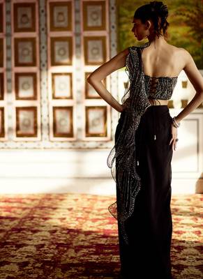 Black embellished chiffon pre drape saree set 2