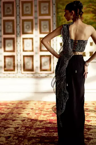 Black embellished chiffon pre drape saree set