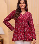 Red floral printed cotton tunic short kurti top for women