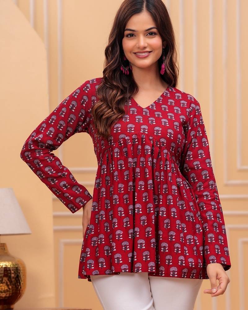 Red floral printed cotton tunic short kurti top for women