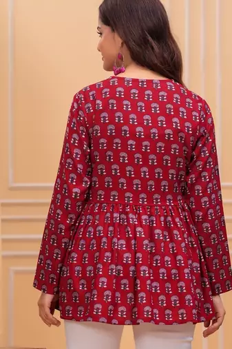 Red floral printed cotton tunic short kurti top for women