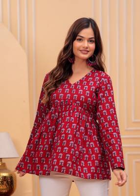 Red floral printed cotton tunic short kurti top for women 3