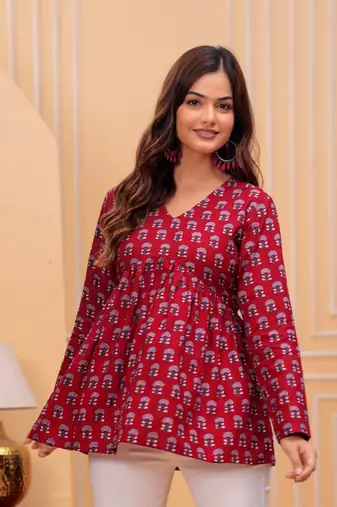 Red floral printed cotton tunic short kurti top for women