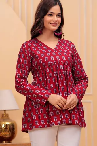 Red floral printed cotton tunic short kurti top for women