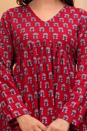 Red floral printed cotton tunic short kurti top for women