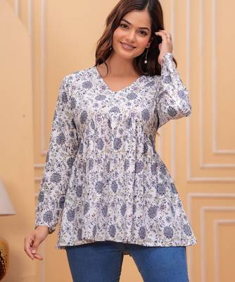 White floral printed cotton tunic short kurti top for women 1
