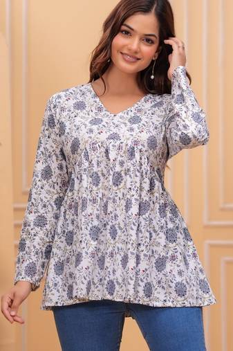 White floral printed cotton tunic short kurti top for women