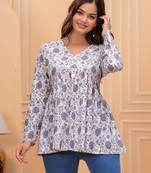 White floral printed cotton tunic short kurti top for women