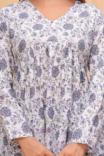 White floral printed cotton tunic short kurti top for women
