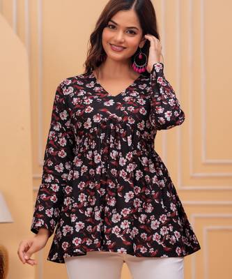Black floral printed cotton tunic short kurti top for women 1