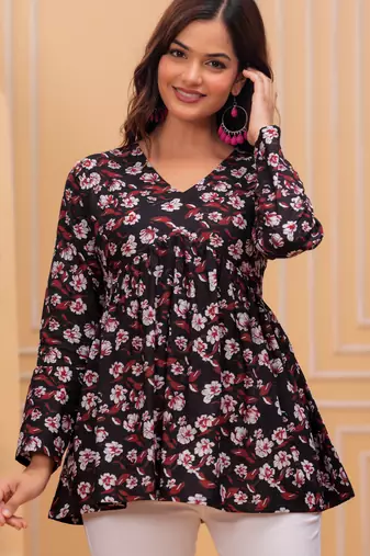 Black floral printed cotton tunic short kurti top for women