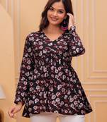 Black floral printed cotton tunic short kurti top for women