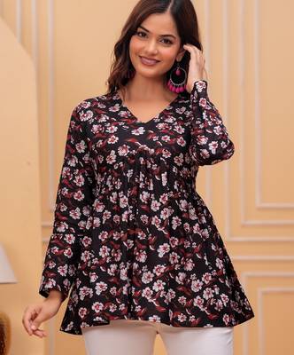Black floral printed cotton tunic short kurti top for women 2