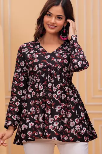 Black floral printed cotton tunic short kurti top for women