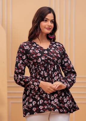 Black floral printed cotton tunic short kurti top for women 4