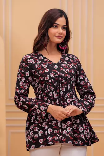 Black floral printed cotton tunic short kurti top for women