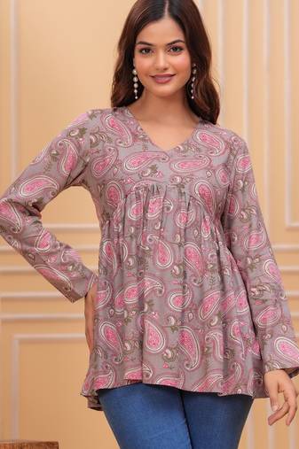 Grey floral printed cotton tunic short kurti top for women