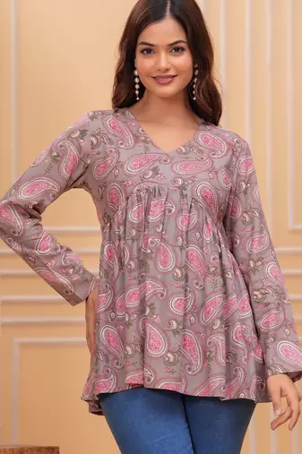 Grey floral printed cotton tunic short kurti top for women