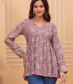 Grey floral printed cotton tunic short kurti top for women