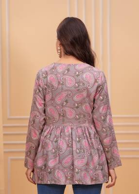 Grey floral printed cotton tunic short kurti top for women 2