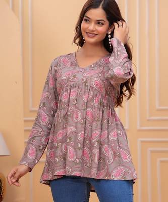 Grey floral printed cotton tunic short kurti top for women 3