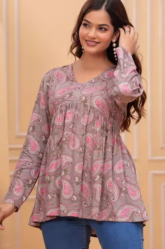 Grey floral printed cotton tunic short kurti top for women