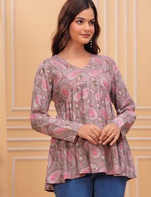 Grey floral printed cotton tunic short kurti top for women 4