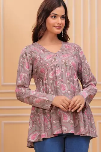 Grey floral printed cotton tunic short kurti top for women