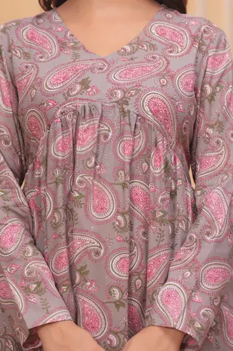 Grey floral printed cotton tunic short kurti top for women