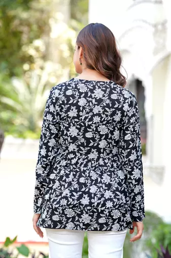Black floral printed cotton tunic short kurti top for women