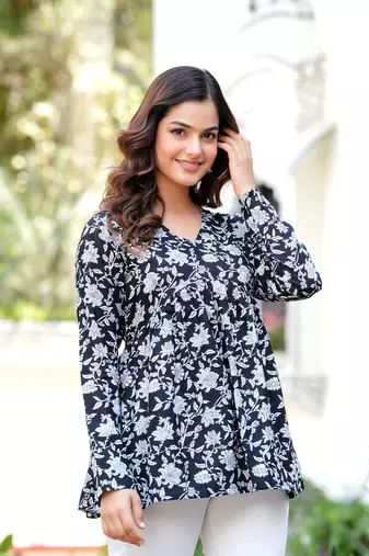 Black floral printed cotton tunic short kurti top for women