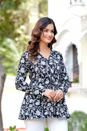 Black floral printed cotton tunic short kurti top for women