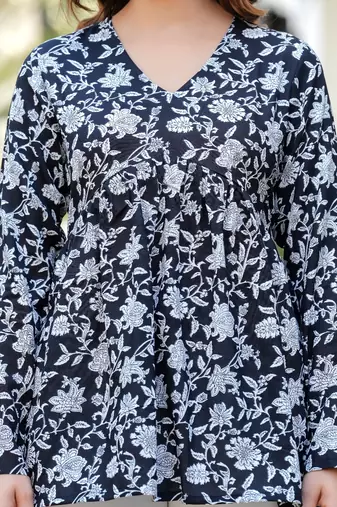 Black floral printed cotton tunic short kurti top for women