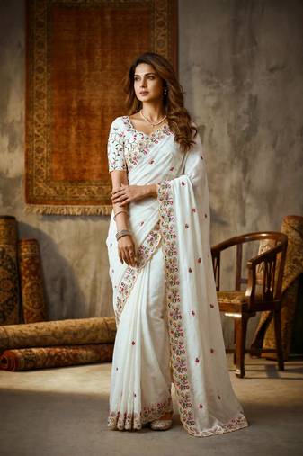 White silk blend saree with work blouse 
